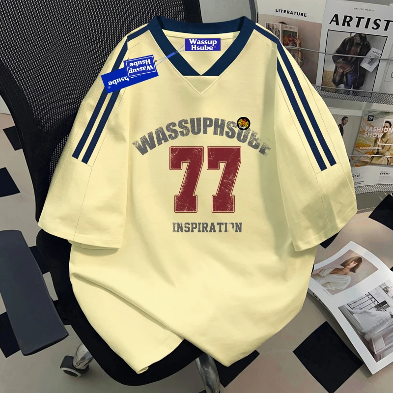 WASSUP HSUBE设计感小众V领短袖T恤夏季潮酷oversize半袖上衣体恤