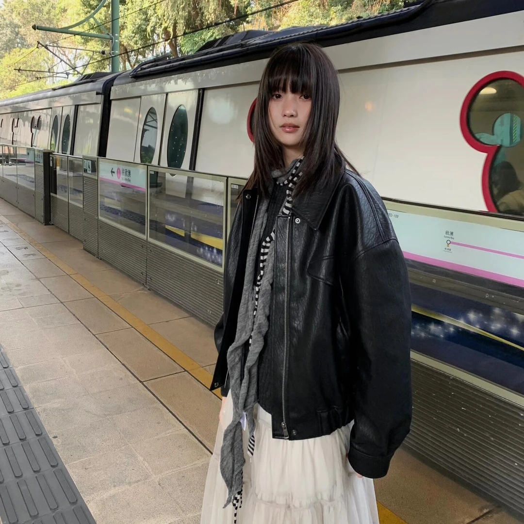 2025春秋新款美式复古黑色pu皮衣外套女高级感夹克小个子爆款上衣