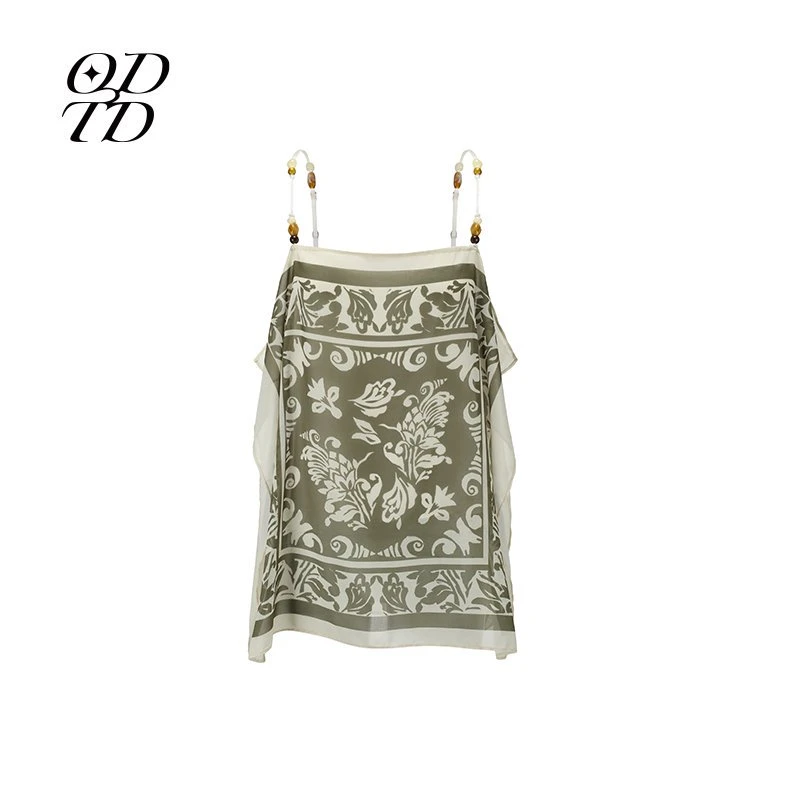 【ODTD】25春夏新款 平口艺术印花撞色串珠吊带衫