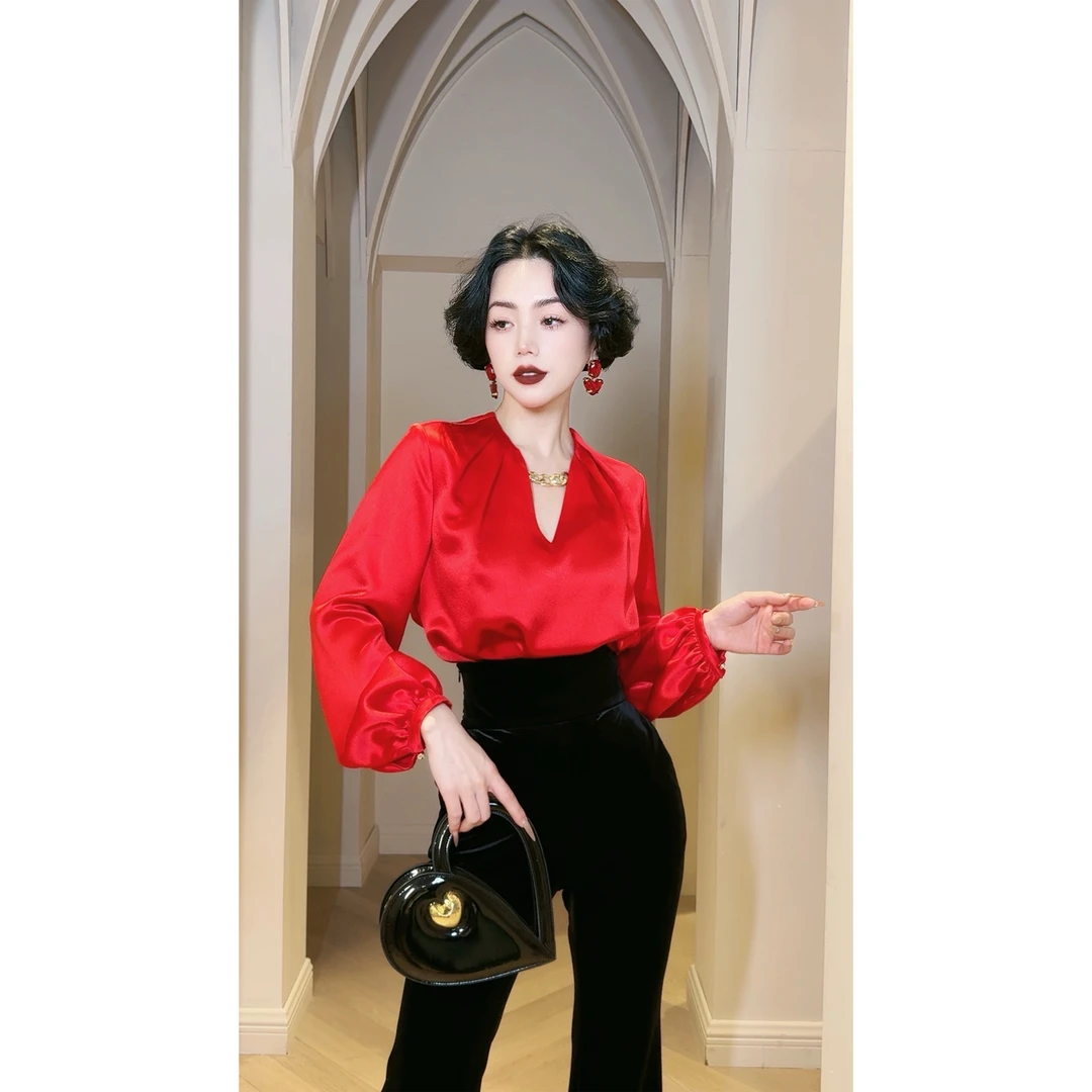 LYXJ【蒙卡红钻】立体剪裁红色醋酸衬衫气质显瘦长袖气质春季10831