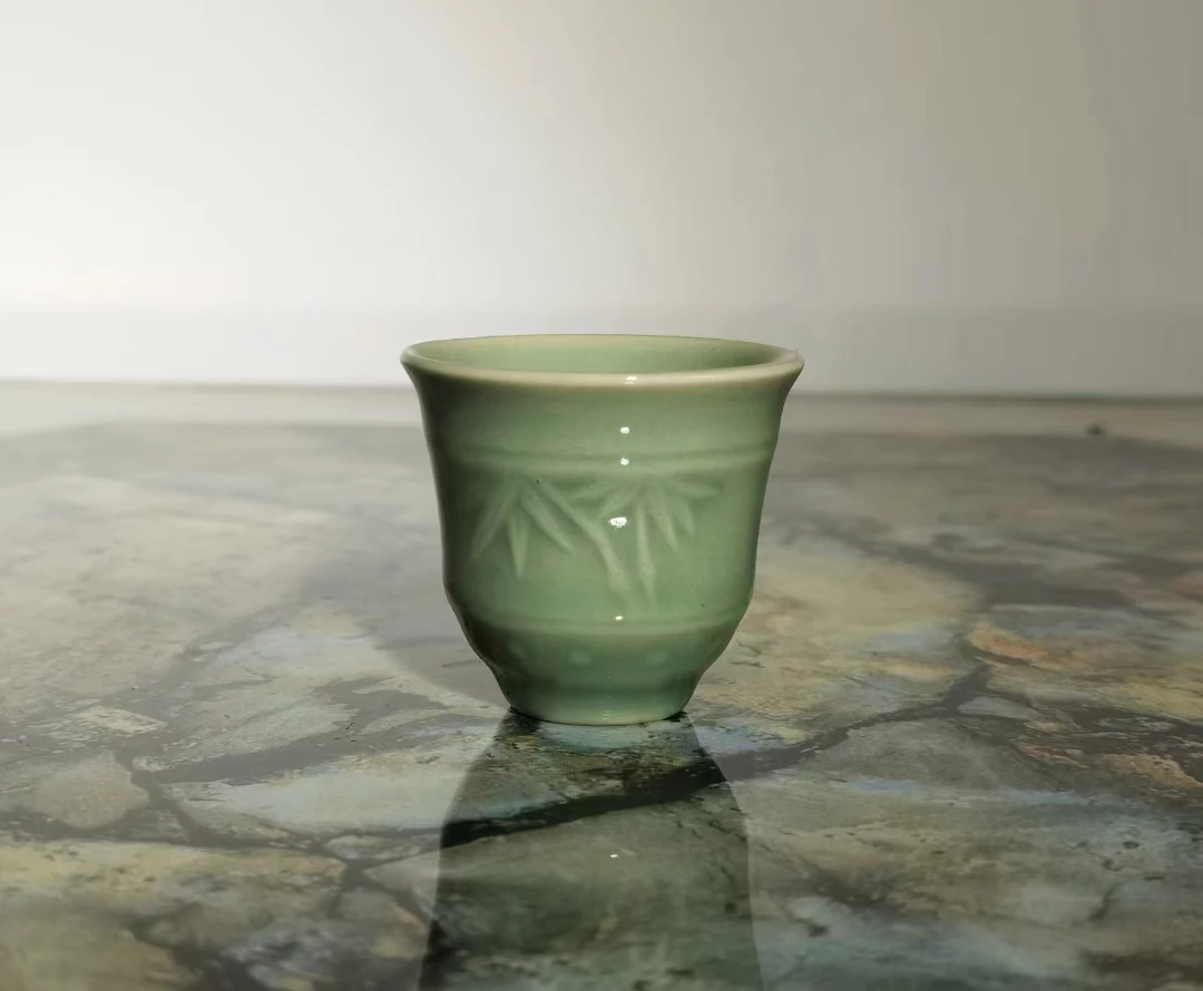 老龙窑李怀德大师釉1957龙泉青瓷鼓丁竹叶杯托底烧玛瑙珍珠玉入釉