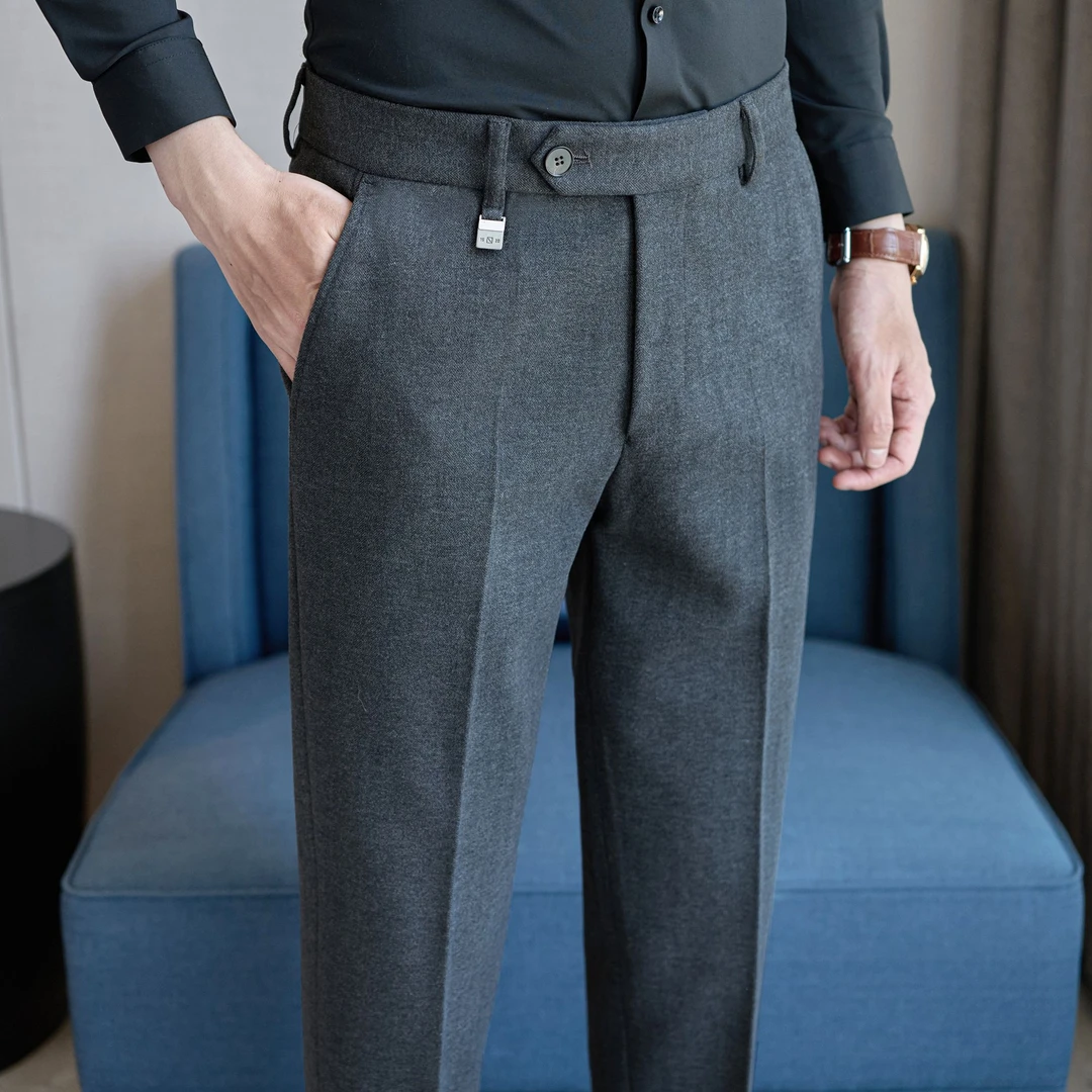 毛呢西裤男秋冬款2025新款男士高级感修身小脚裤商务休闲西装裤子