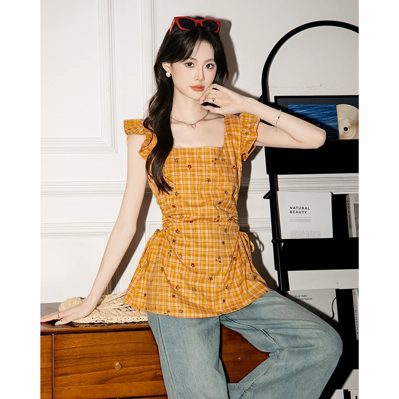 拉夏贝尔韩系设计感星星印花飞飞袖短袖女2025夏季新款短袖上衣