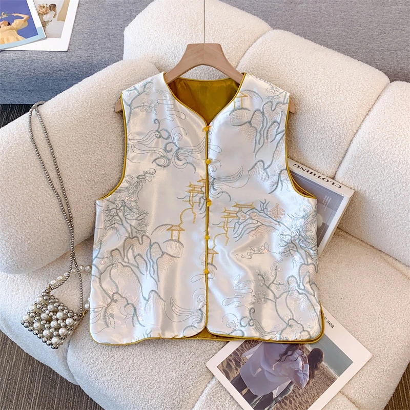 新中式背心马甲女春装2025年春季新款国风刺绣提花两面穿外套上衣
