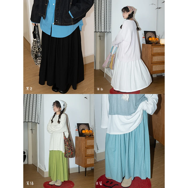 纯色大裙摆伞裙百搭遮肉宽松长裙松紧腰棉麻2025春季新品
