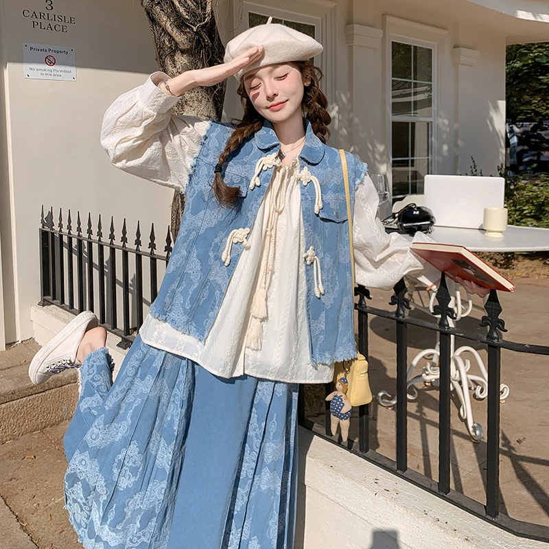 新中式提花盘扣马甲衬衫半身裙三件套女2025春新款国风牛仔套装裙