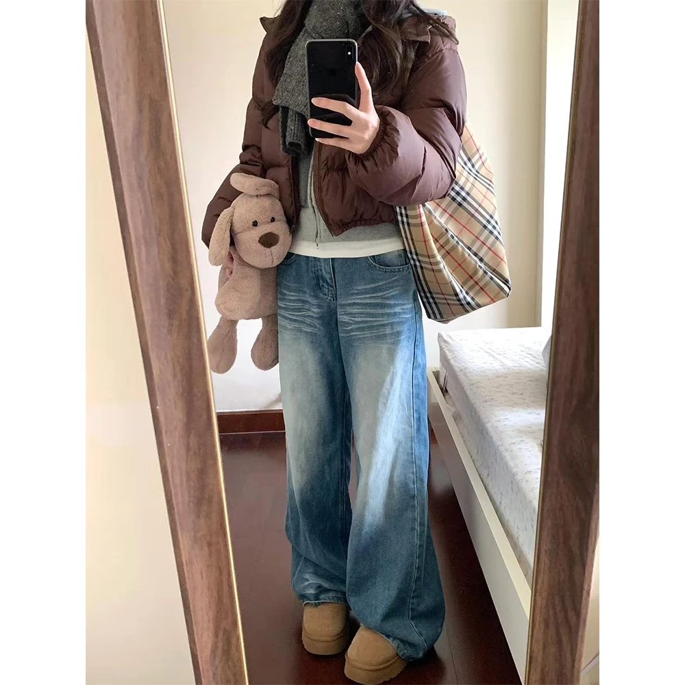 高个子美式折痕水洗阔腿牛仔裤女2025春秋季辣妹宽松直筒拖地裤子