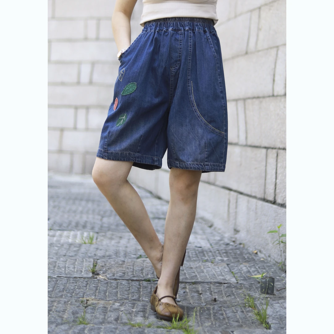 （浅笑）23070刺绣树叶牛仔短裤女夏季休闲刺绣五分阔腿热裤哈伦裤