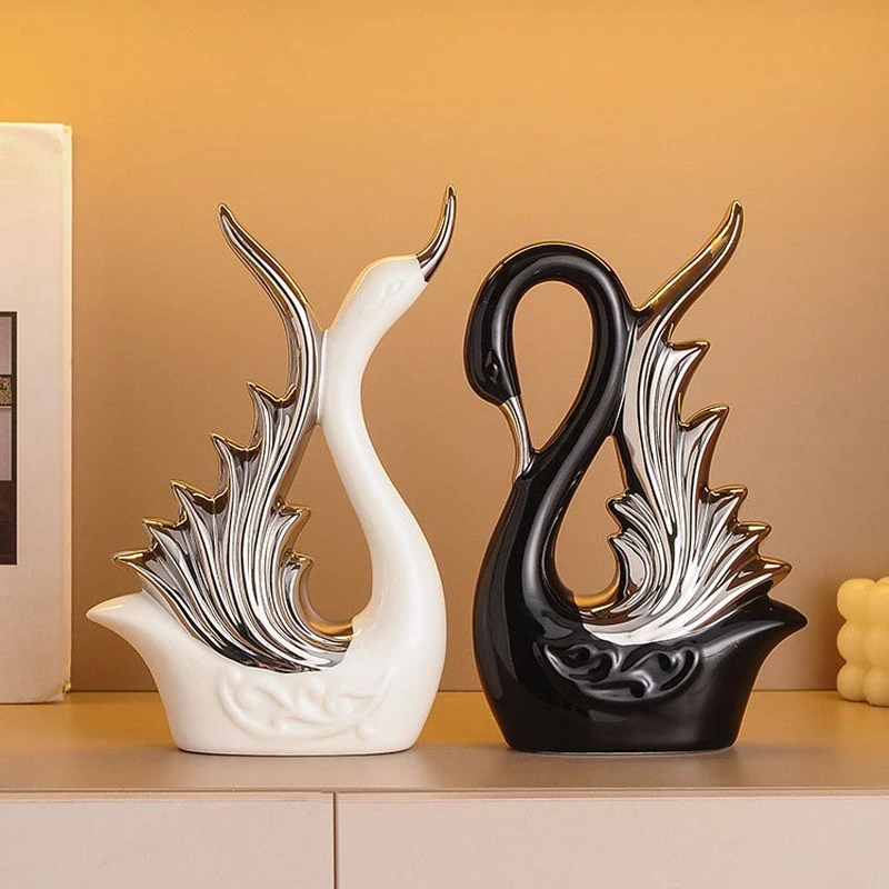 创意新房陶瓷高档天鹅摆件轻奢家居装饰品现代大气客厅电视柜玄关