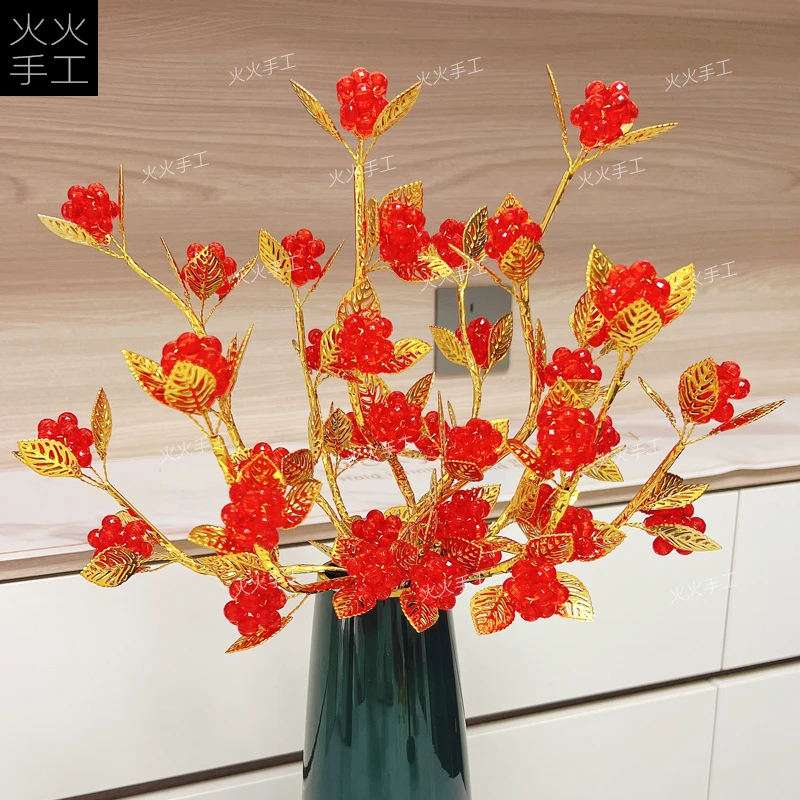 红珠子富贵果手工DIY材料包套装金叶子发财果10MM切面珠制作摆件