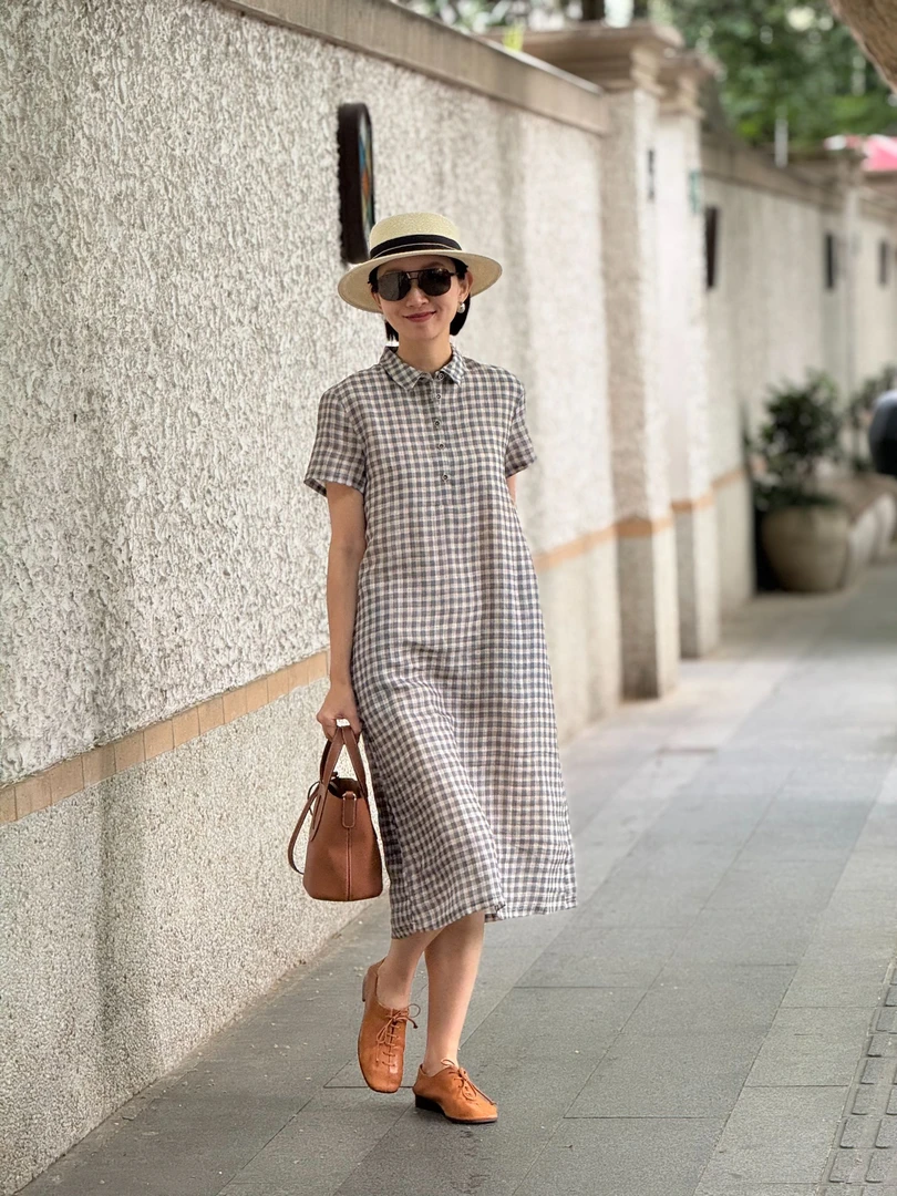 (YY推荐)盛夏午后时尚夏季中长款宽松经典格子显瘦女士长裙