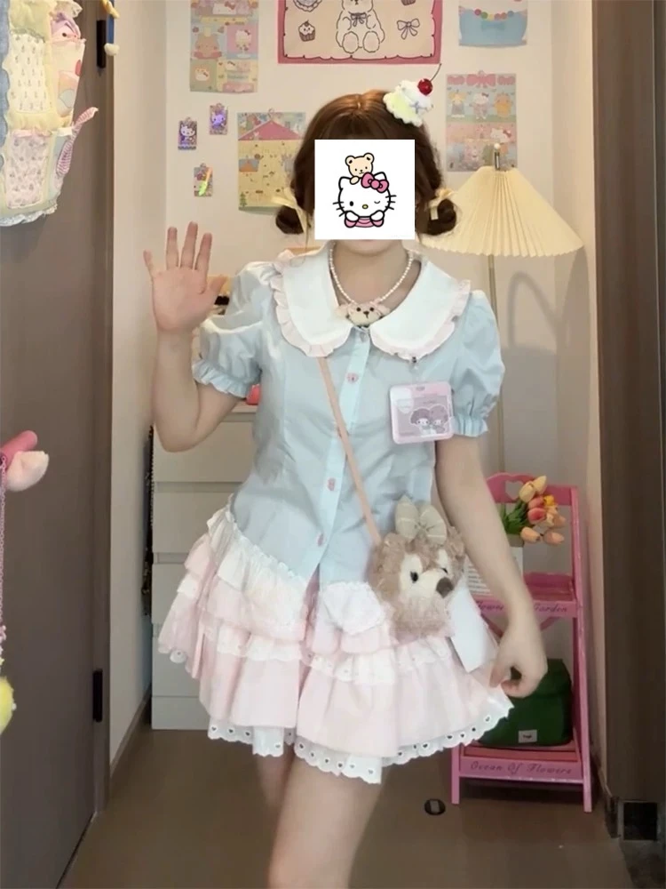 夏日多巴胺可爱甜美少女蓝色娃娃领上衣+粉色高腰蛋糕裙两件套装