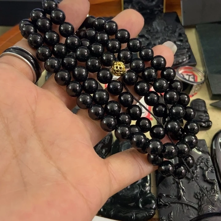 翡翠手链未镶嵌圆*墨翠8.108颗粒