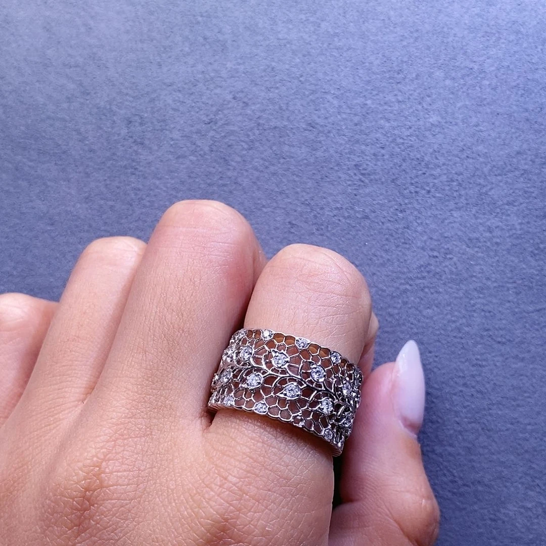 钻石戒指/指环18K金镶嵌蕾丝戒指宽k白17