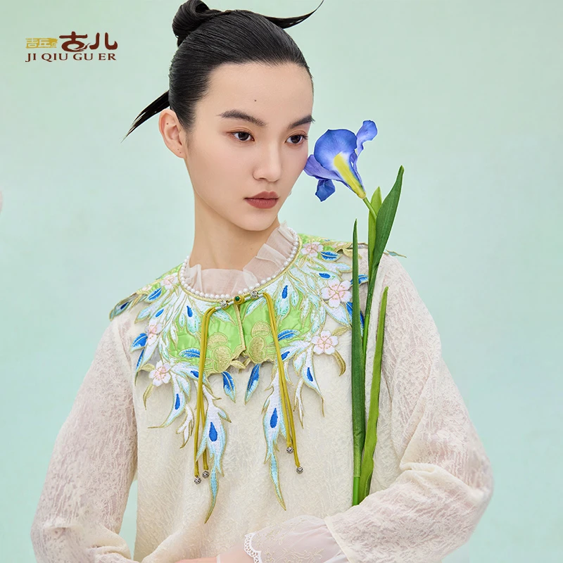 吉丘古儿原创设计绣花云肩手工流苏珍珠花边满绣百搭配饰G251Y047