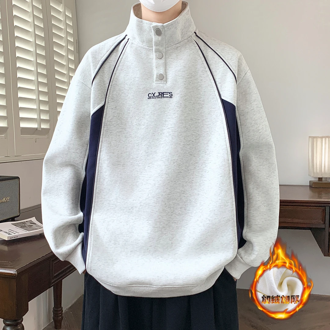 青少年秋冬季新款圆领拼接休闲卫衣男生潮流美式加绒加厚宽松上衣