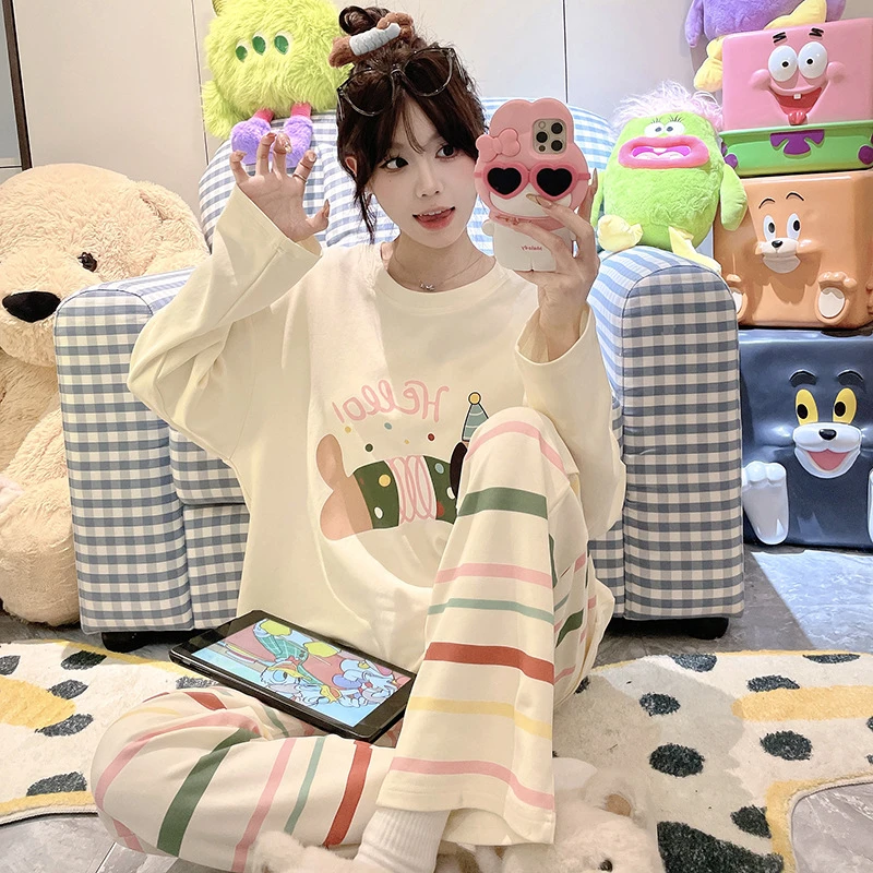 睡衣女春秋季可爱卡通圆领长袖长裤宽松舒适少女家居服套装可外穿