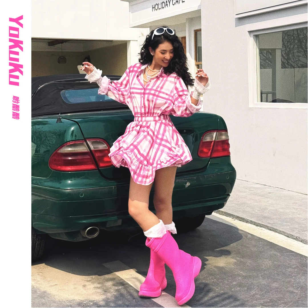 哟酷酷（维密花园）美式甜酷腮红粉不规则裁剪中低腰衬衫连衣裙151