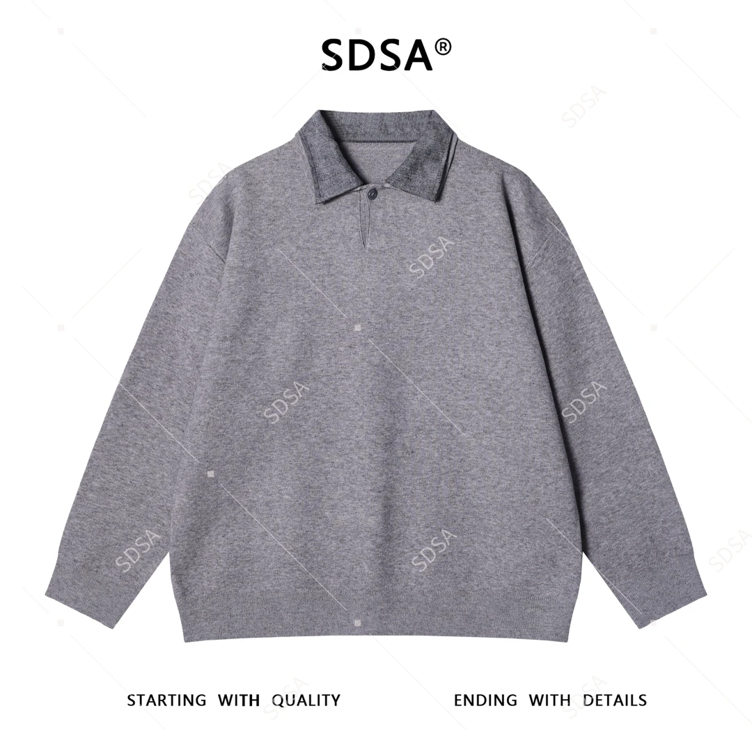 SDSA秋冬新款痞帅男装慵懒风撞色拼接polo领假两件毛衣百搭针织衫