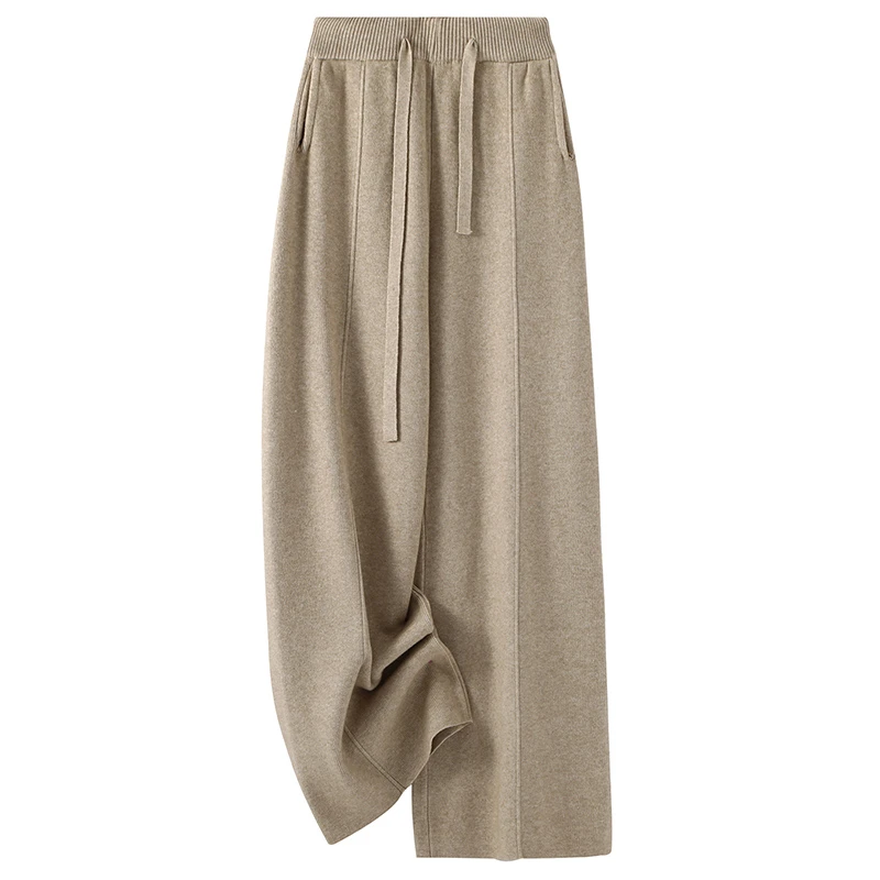 秋冬加厚羊毛带兜阔腿裤女高腰针织休闲直筒长裤