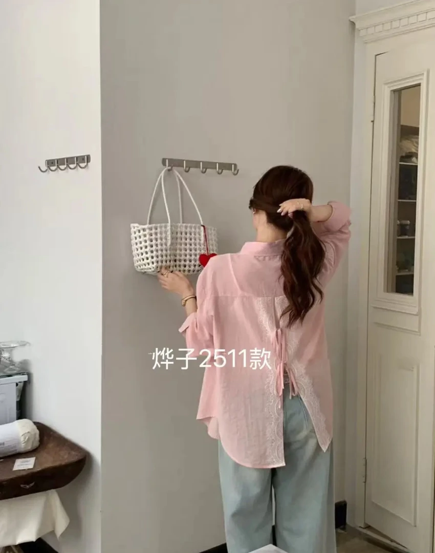 2511后背蕾丝拼接系绳吊带背心衬衣两件套衬衫时尚休闲薄款百搭