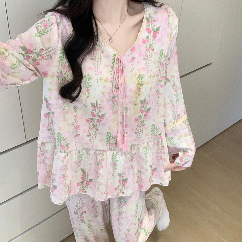 Meng luan/梦鸾甜美碎花韩版睡衣女春秋季长袖2025新款家居服套装