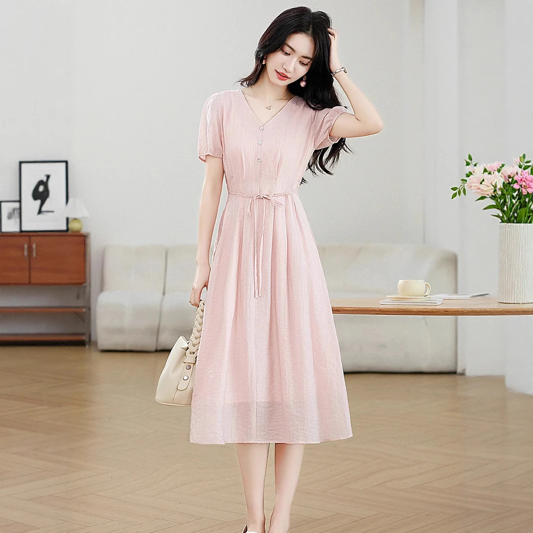 hmwl9032法式甜美连衣裙2025夏季新款V领高级感粉色收腰气质裙子