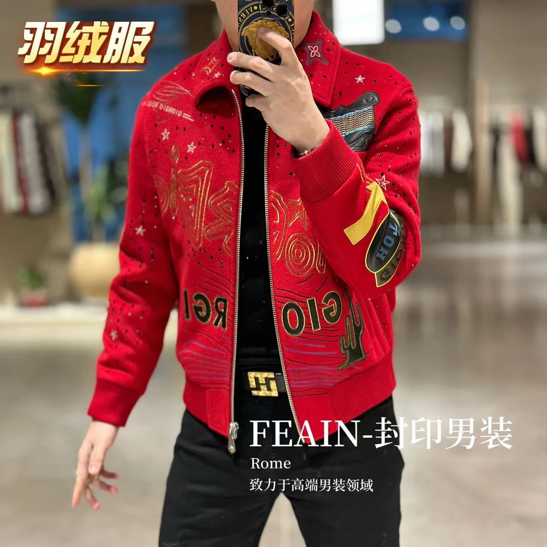 【乔治·雷迪尼】羊毛真皮拼接牛仔奇缘元素重工羽绒服7086