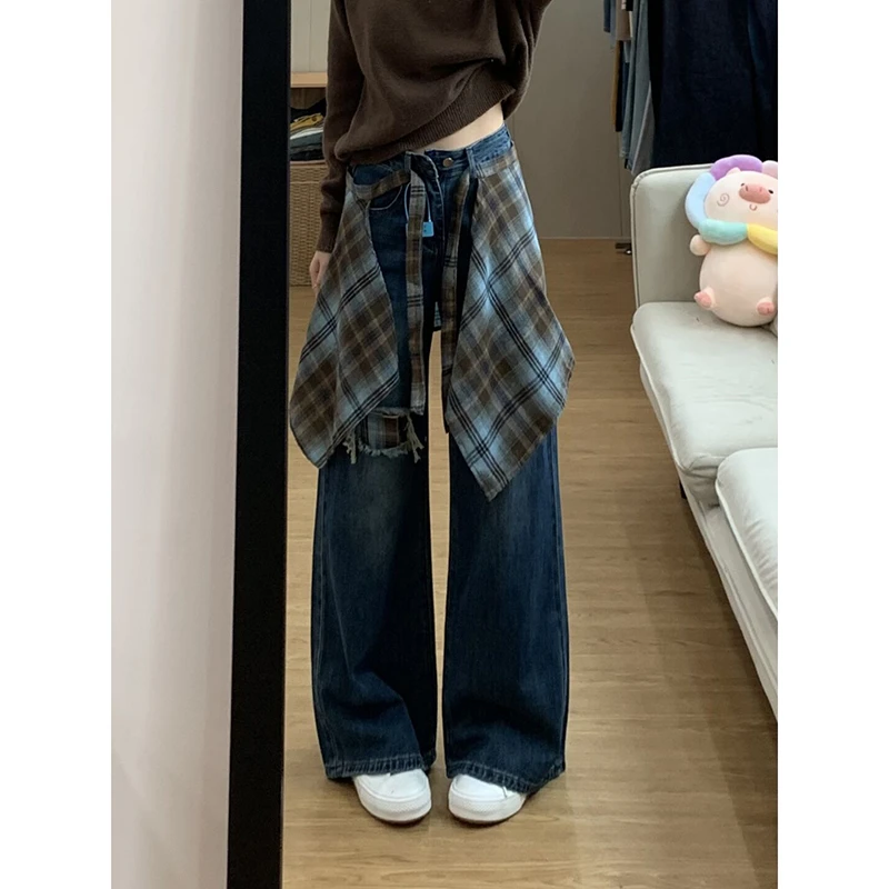 拼接格子屁帘阔腿牛仔裤女秋季新款高腰设计感假破洞宽松直筒长裤