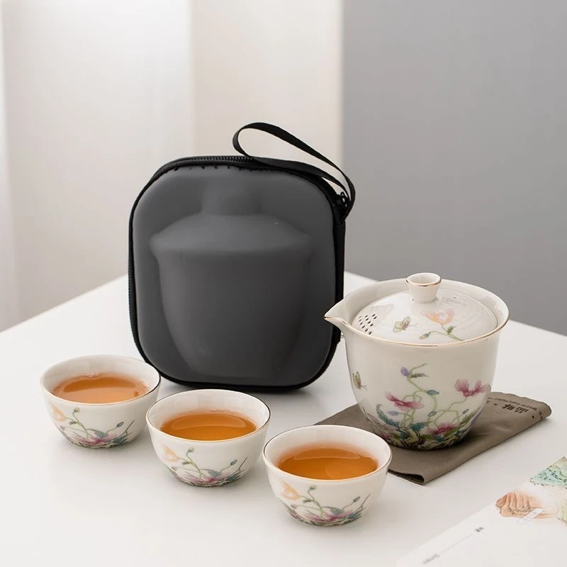 新款汝窑旅行茶具套装便携式陶瓷快客杯户外露营一壶三杯KK0448