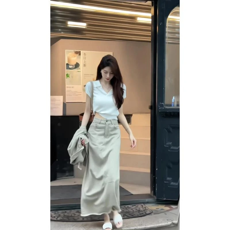 韩版温柔Polo领正肩短袖T恤女夏季白色宽松显瘦百搭简约短款上衣