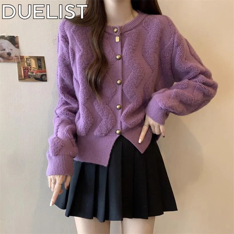 DUELIST法式小香风紫色毛衣外套女士秋季大码胖显瘦外搭开衫上衣