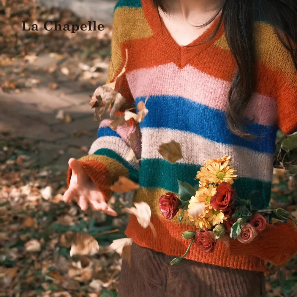 拉夏贝尔韩系慵懒风彩色条纹针织衫女秋冬富家千金感独特漂亮毛衣