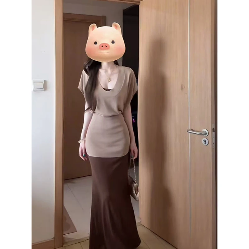 法式斜领收腰名媛超好看短袖宽松气质上衣修身显身材包臀半裙套装