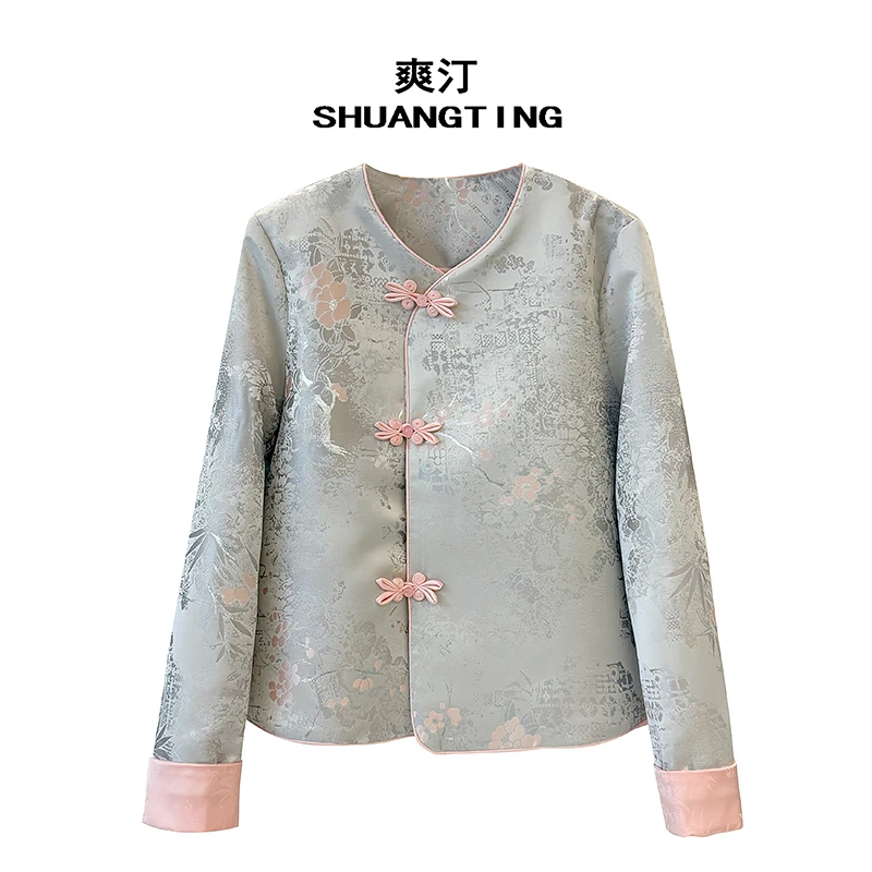 Jokara/丘可儿【斑竹枝】高级灰撞色织锦正肩外套中式盘扣提花上衣