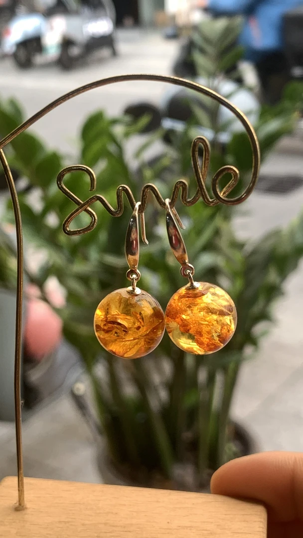 14mm+天然琥珀花珀耳坠
