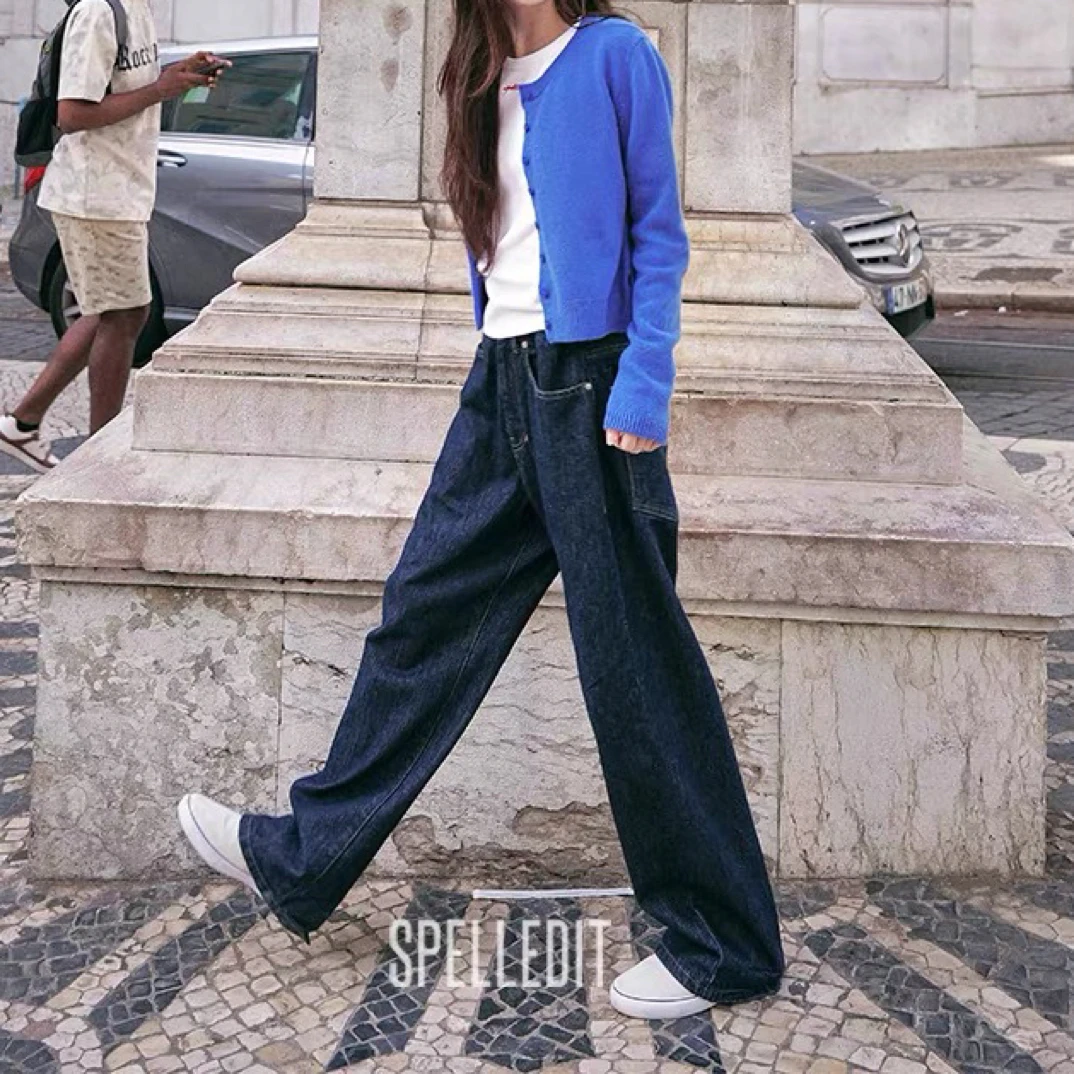 SP2025秋季新品后系带阔腿裤显瘦宽松棉直筒牛仔裤（原单）