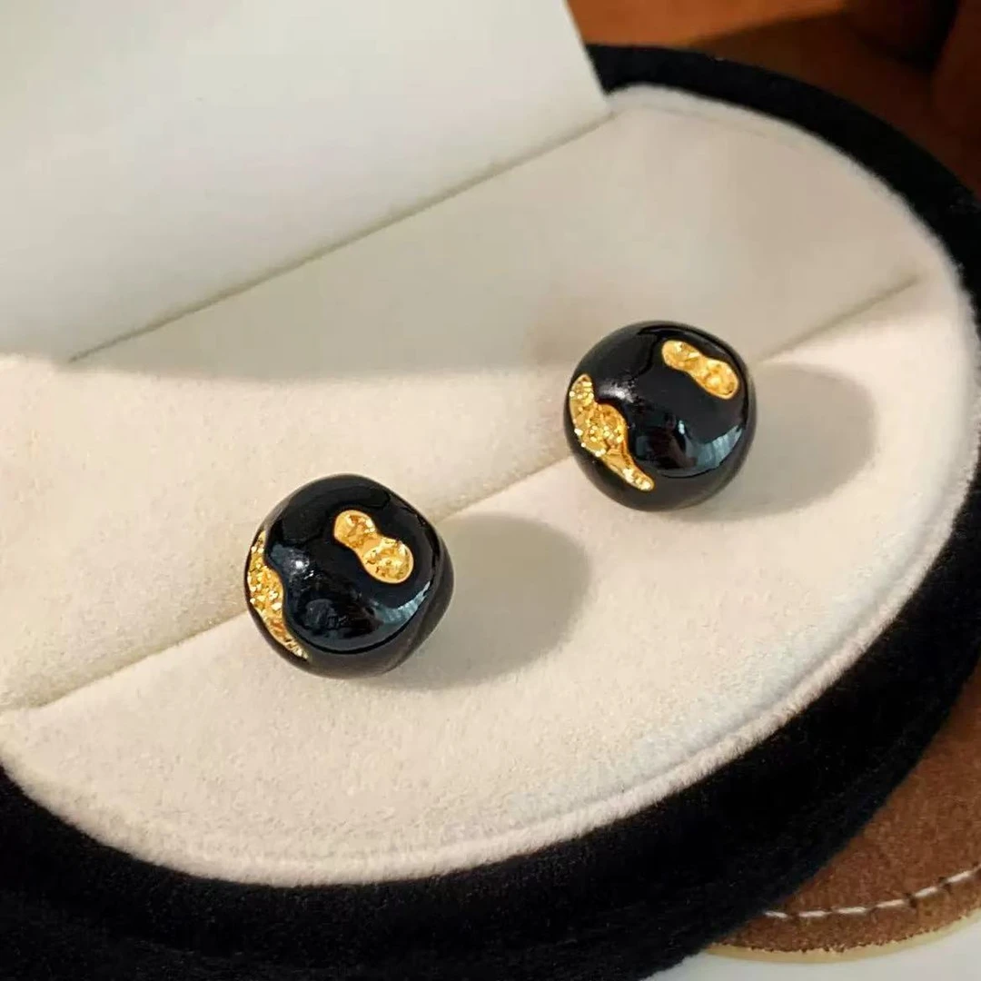 米梵缇 铜合金珐琅耳饰 法式复古黑金高级感圆球小众性耳环女