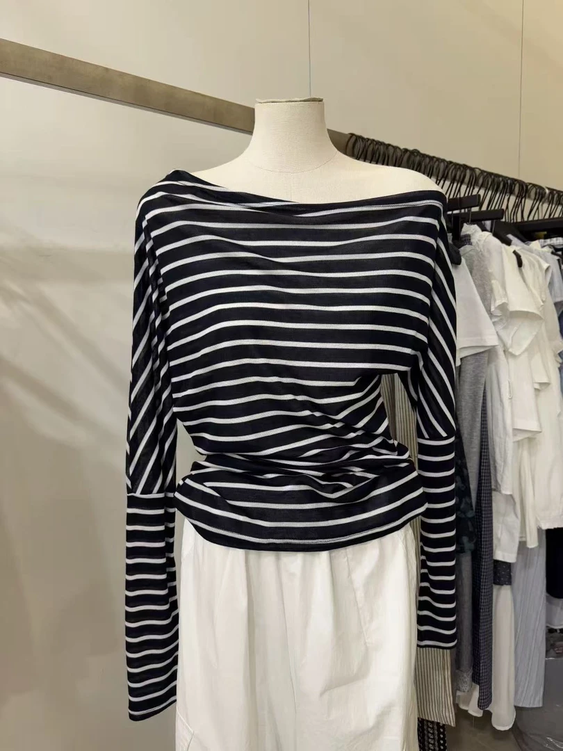 韩系条纹斜肩防晒衣-26273