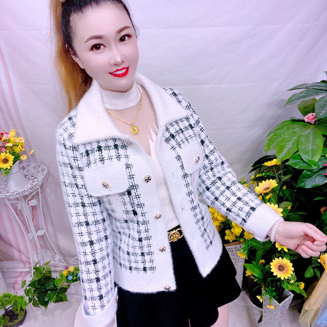 INS风短外套小香风短款修身秋冬V领千鸟格大衣气质女