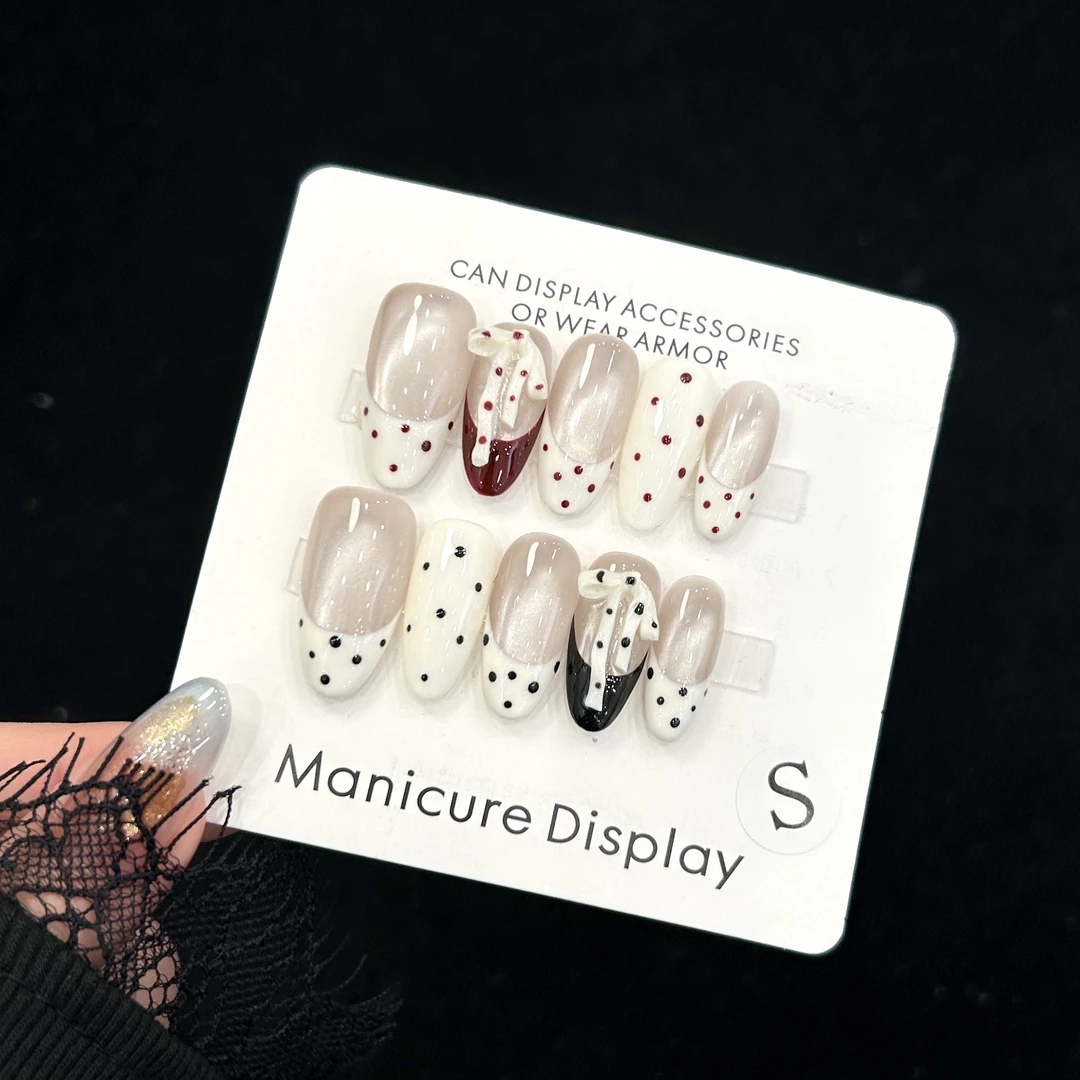 【薇薇安】蓝珊手工穿戴甲AB红黑赫本波点法式纯欲气质立体蝴蝶结