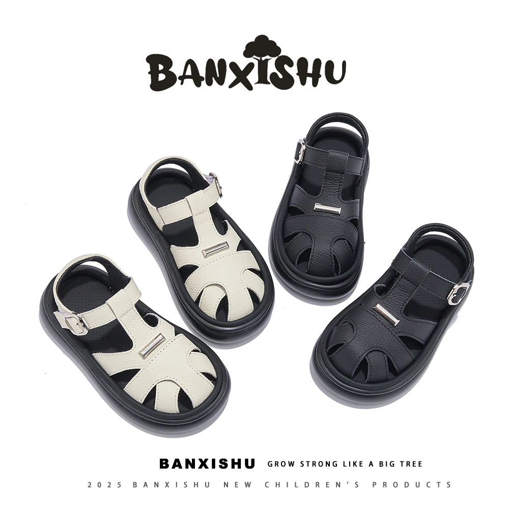 BANXISHU儿童凉鞋2025夏季新款女童真皮包头罗马鞋男童休闲沙滩鞋