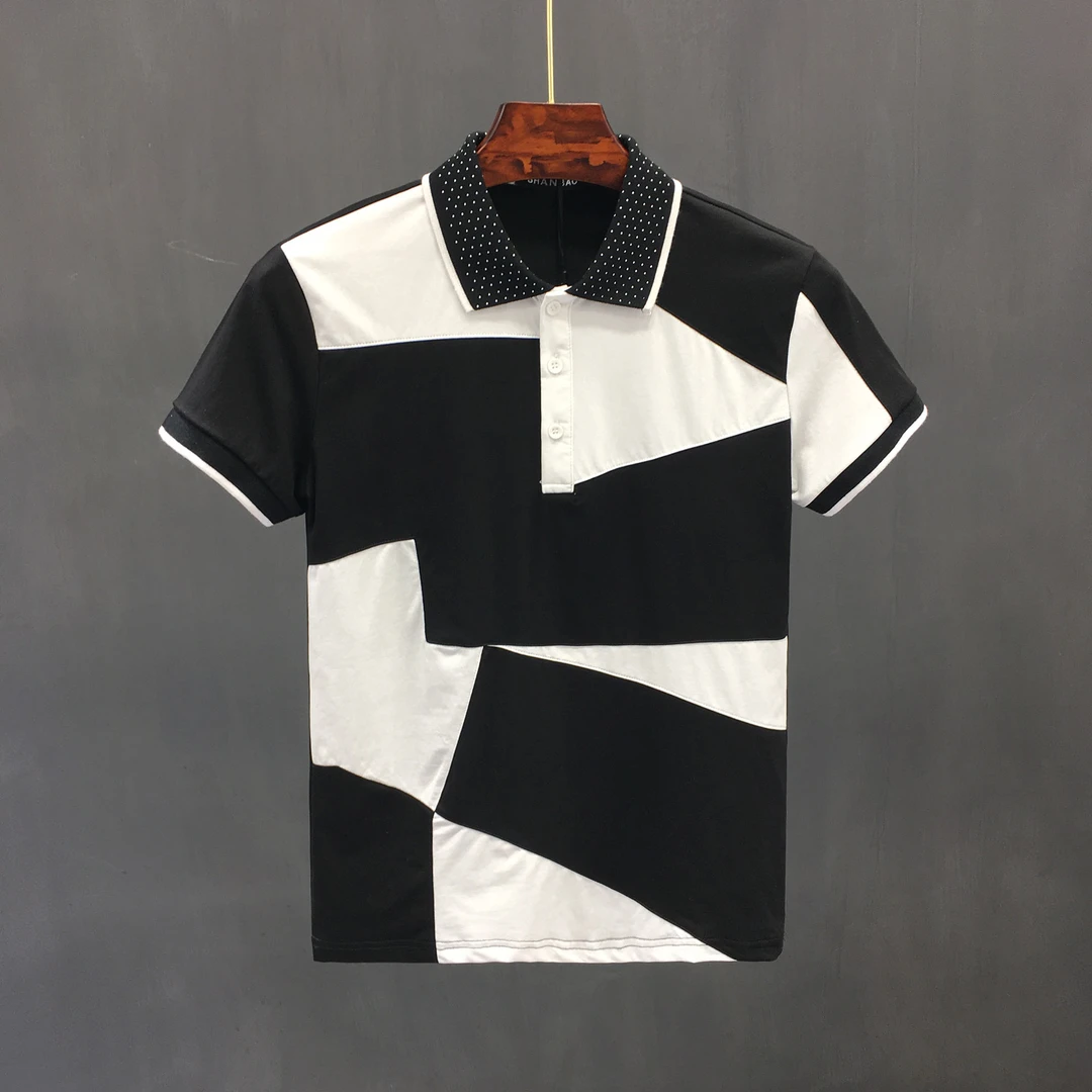 拼接半袖翻领POLO衫男士夏季高级感休闲大码上衣潮流痞帅短袖T恤