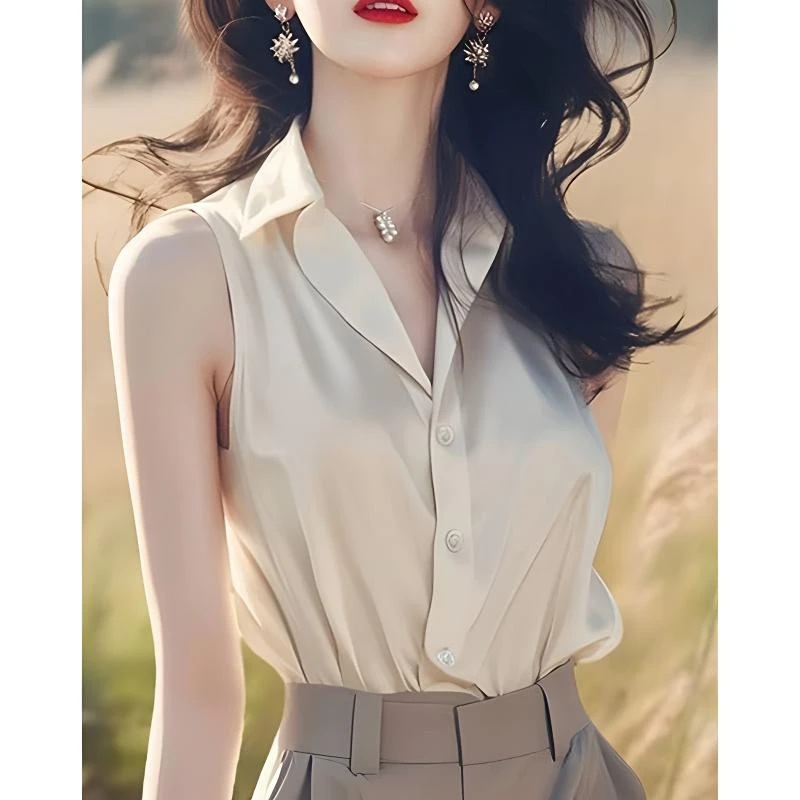 法式高端轻奢设计感杏色POLO领无袖衬衫女夏季别致漂亮高级感衬衣