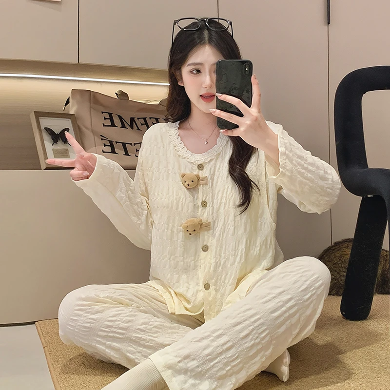 【皱皱棉纱】带胸垫夏季薄款月子服产后孕妇哺乳睡衣产妇家居服套装