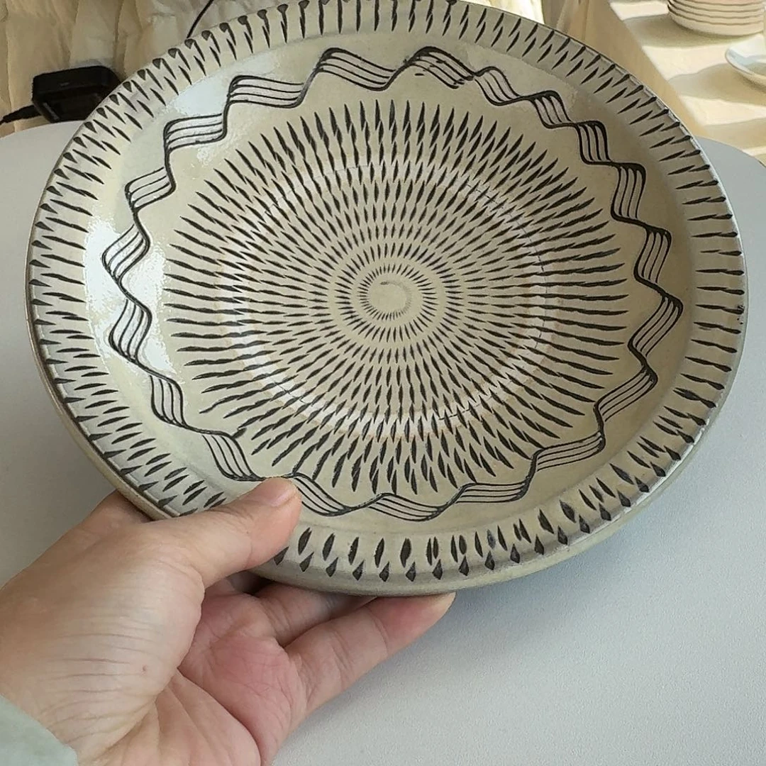 瓷片小鹿田烧21厘米象牙白深盘