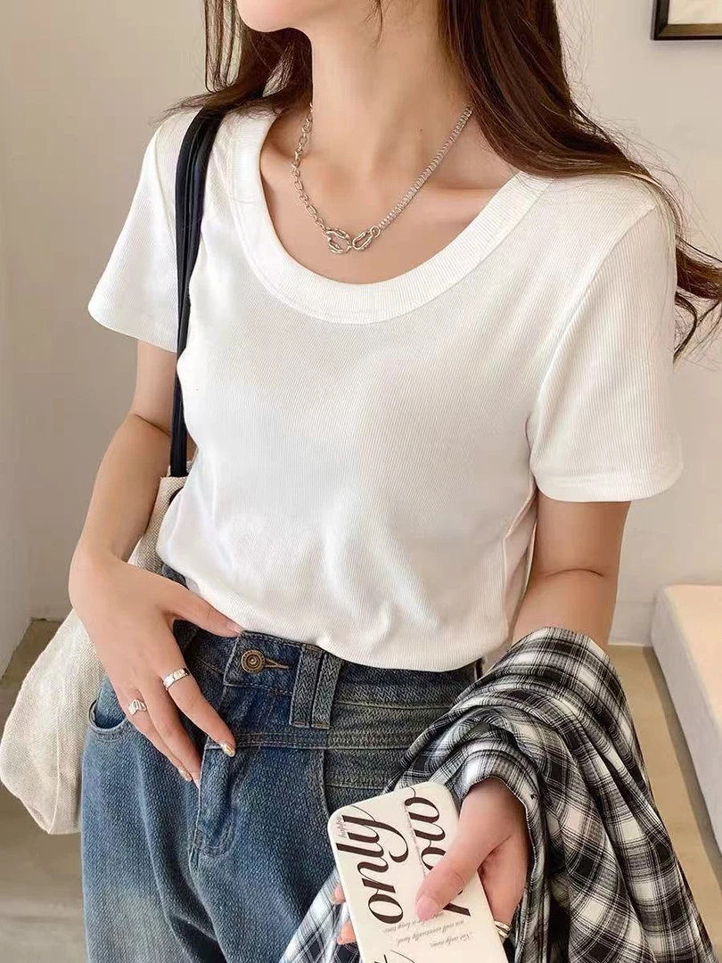 螺纹棉白色圆领正肩短袖T恤女2025新款夏季修身显瘦纯色打底上衣