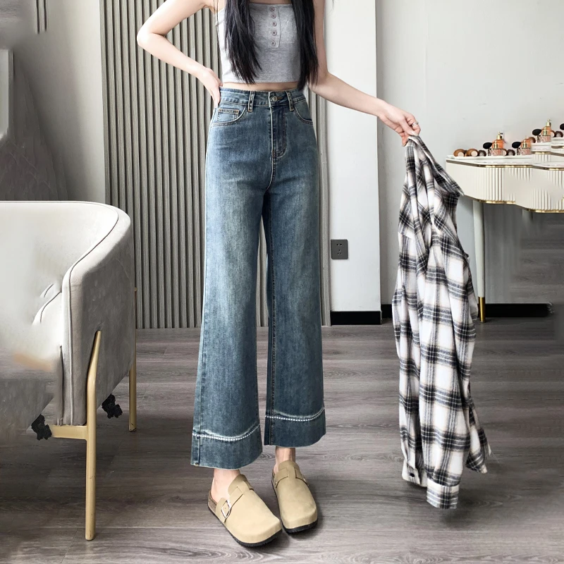 小个子女生牛仔裤春季新款高腰直筒宽松窄版阔腿裤弹力八分九分裤