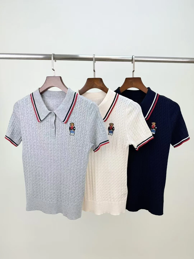 【阳阳南油高品】学院风撞色POIO领小熊刺绣针织衫25夏新款显瘦上衣