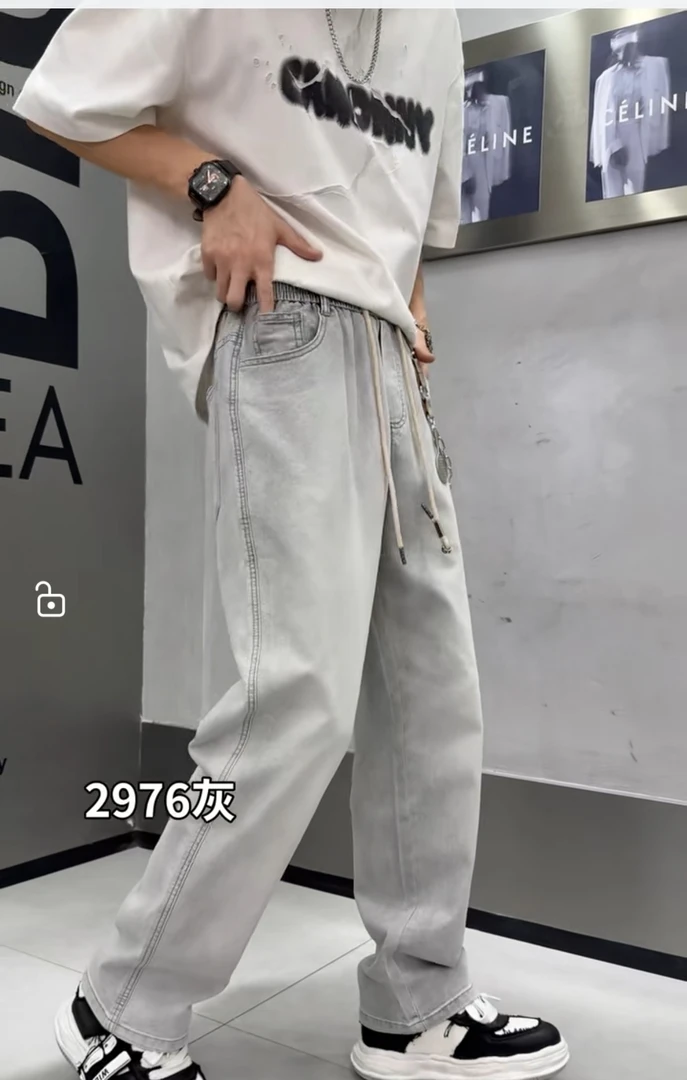 夏季牛仔松紧裤宽松